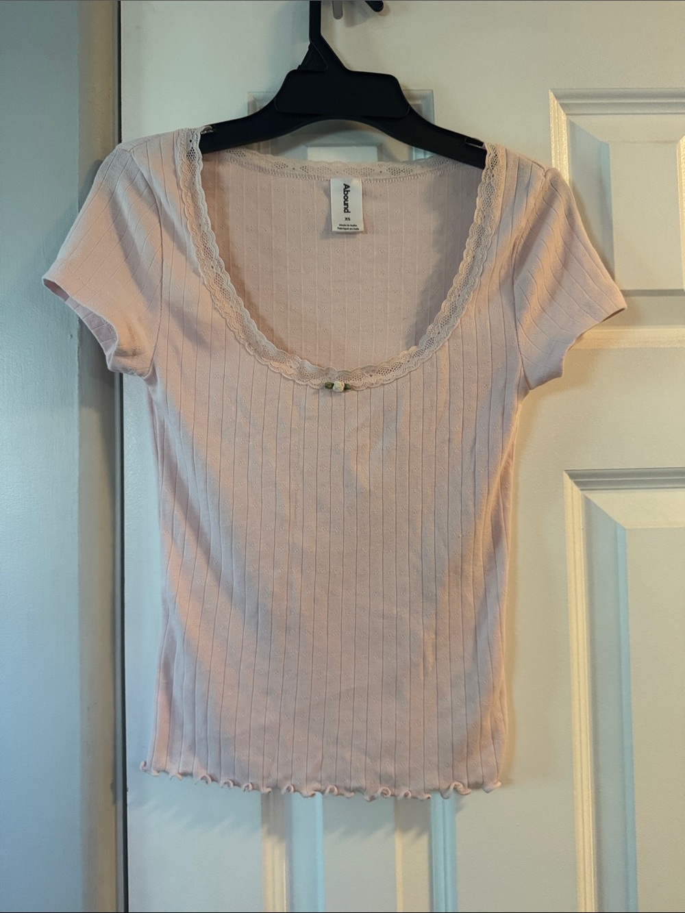 Abound Light Pink Ribbed Scoop Neck Short Sleeve Tee with Lace Trim